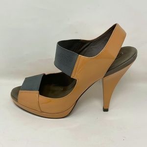BCBG MaxAzria Tan Patent Leather Peep Toe Elastic Strap Heels